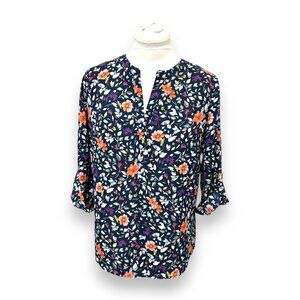 Daniel Rainn Womens Koda Split Neck Floral Print 3/4 Roll-Tab Sleeve Blouse M